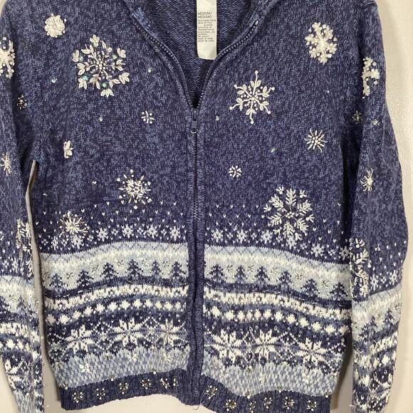 Tiara International Vintage Holiday Sweater Zip Up Snowflakes Beaded Medium Xmas - Picture 3 of 5